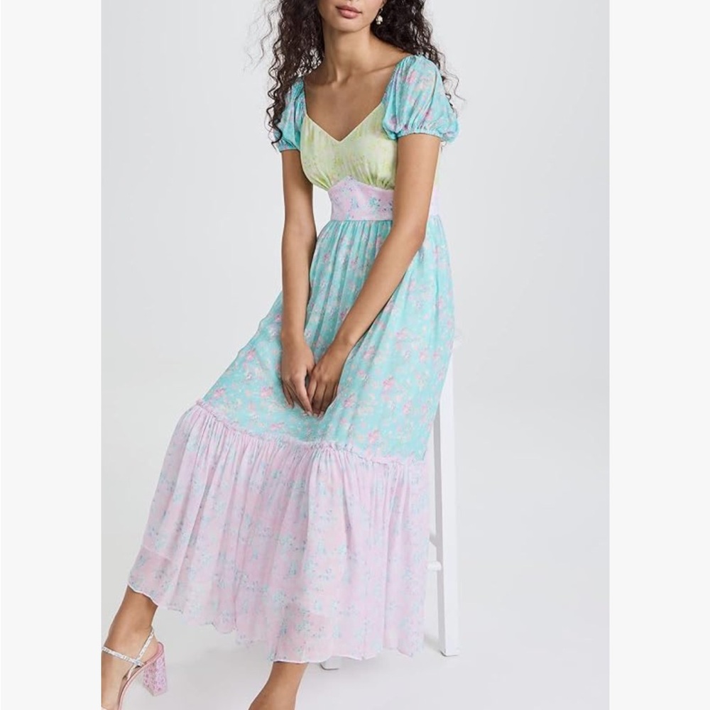 LoveShackFancy sz 4 Angie Maxi Dress Tiered Puff Sleeve Fuji Sunrise Print Mix - Picture 5 of 10
